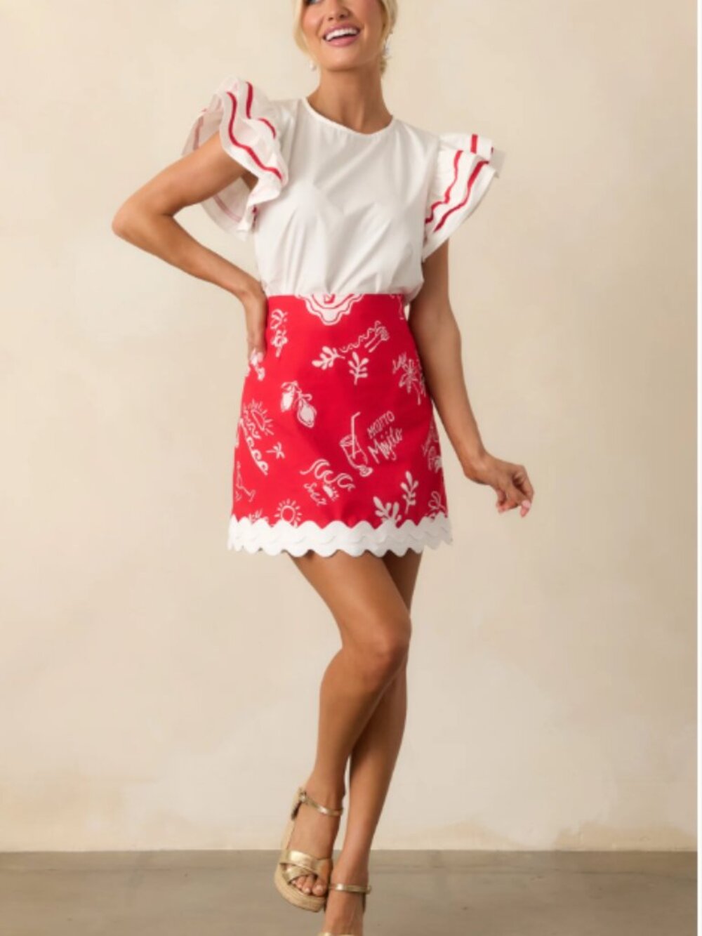 Prosperina Salome Red Mojito Print Scallop Mini Skirt Linen Medium NWT - Picture 6 of 10